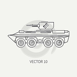 Line flat plain vector icon infantry assault armored army truck. Military amphibious vehicle. Cartoon vintage style