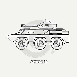 Line flat plain vector icon infantry assault armored army truck. Military vehicle. Cartoon vintage style. Soldiers. Tank