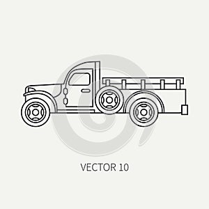 Line flat plain vector icon service staff open body army truck. Military vehicle. Cartoon vintage style. Cargo