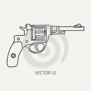 Line flat plain vector military icon revolver, pistol. Army equipment and armament. Legendary retro weapon. Cartoon