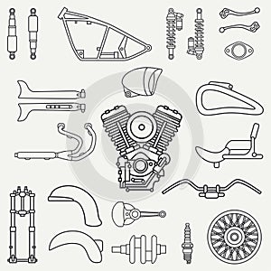 Line flat plain vector motorcycle icon classic bike repair set. Retro. Cartoon style. Biker motoclub. Gasoline engine