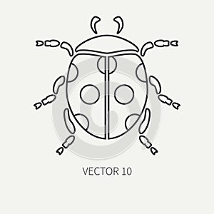 Line flat plain vector wildlife fauna icon dot ladybug. Simplified retro. Cartoon style. Insect. Beetle. Entomology
