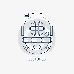 Line flat vector blue marine icon with nautical design elements - diving helmet. Cartoon style. Illustration and element