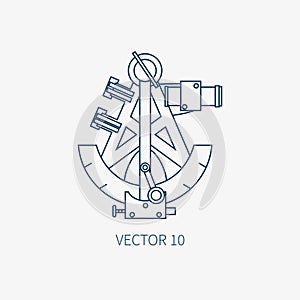 Line flat vector blue marine icon with nautical design elements - retro sextant. Cartoon style. Illustration and element