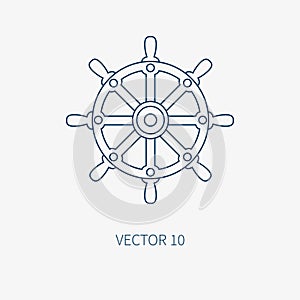 Line flat vector blue marine icon with nautical design elements - steering wheel. Cartoon style. Illustration and