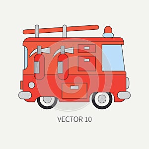Line flat vector color icon fire truck. Emergency assistance vehicle. Cartoon style. Fireman. Maintenance. Rescue. Fire