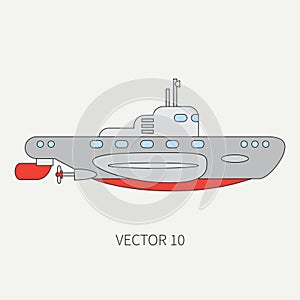 Line flat vector color icon naval submarine. Dreadnought warship. Cartoon vintage style. War. Navy. Ocean. Sea. Torpedo