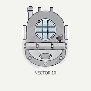Line flat vector color marine icon with nautical design elements - diving helmet. Cartoon style. Illustration and