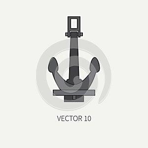 Line flat vector color marine icon with nautical design elements - retro anchor. Cartoon style. Illustration and element