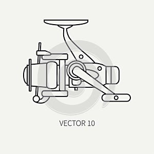 Line flat vector fisher and camping icon fishing reel. Fisherman equipment. Retro cartoon style. Holiday travel