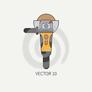 Line flat vector icon with building electrical tool angle grinder . Construction and repair work. Powerful industrial