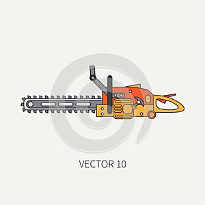 Line flat vector icon with building electrical tool - chainsaw . Construction and repair work. Powerful industrial