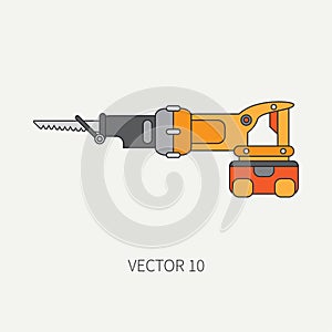 Line flat vector icon with building electrical tool - hacksaw. Construction and repair work. Powerful industrial