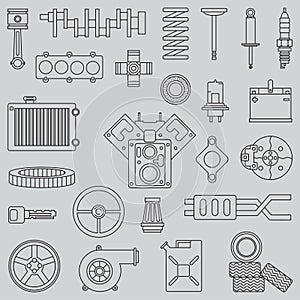 Line flat vector icon car parts set with undercarriage end internal combustion engine elements. Industrial. Cartoon