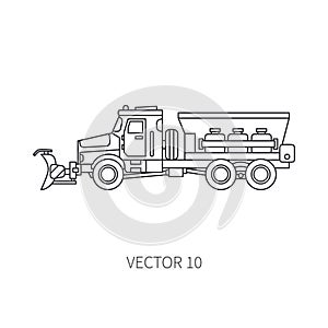 Line flat vector icon construction machinery snowplower truck tipper. Industrial style. Corporate cargo delivery. Snow