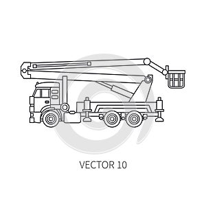 Line flat vector icon construction machinery truck auto crane. Industrial style. Corporate cargo delivery. Lift