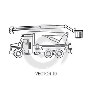 Line flat vector icon construction machinery truck auto crane. Industrial style. Corporate cargo delivery. Lift