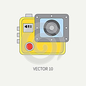 Line flat vector icon with digital action camera. Photography and art. Megapixel photocamera. Cartoon style photo