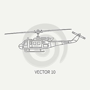 Line flat vector icon military turboprop transportation helicopter. Army equipment and armament. Retro copter. Cartoon