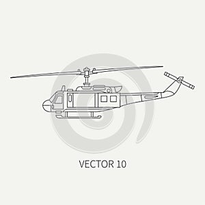 Line flat vector icon military turboprop transportation helicopter. Army equipment and armament. Retro copter. Cartoon
