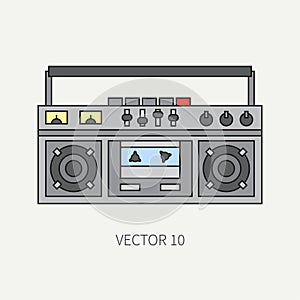 Line flat vector icon with retro electrical audio device boombox. Analog broadcast. Music. Cartoon style. Nostalgia