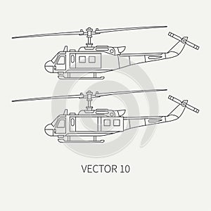 Line flat vector icon set military turboprop transportation helicopter. Army equipment and armament. Retro copter