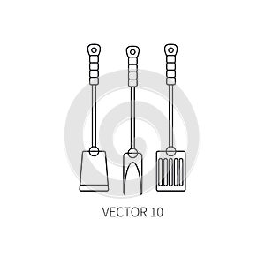 Line flat vector kitchenware icons fork, furcula, scapula. Cutlery tools. Cartoon style. Illustration and element for