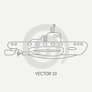 Line flat vector retro icon naval submarine. Dreadnought warship. Cartoon vintage style. War. Navy. Ocean. Sea. Torpedo