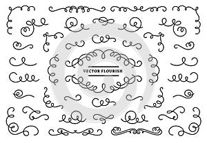 Line flourish ornament swirls. Vintage swirl lines, ornamental flourishes devider and retro frame corner vector set