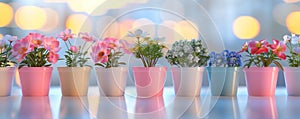 Line of flower pots on light background, generated ai