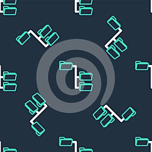 Line Folder tree icon isolated seamless pattern on black background. Computer network file folder organization structure