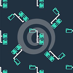 Line Folder tree icon isolated seamless pattern on black background. Computer network file folder organization structure