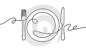 Line fork, knife and plate. Continuous one line drawing cutlery, cooking utensils restaurant logo menu linear style art