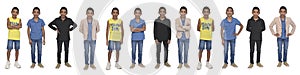 Line of a front view of a group of a same teen various outfits on white