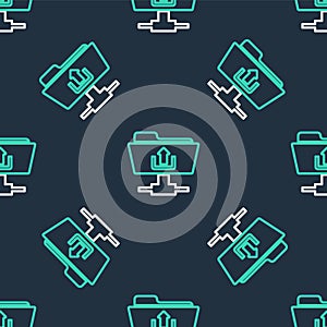 Line FTP folder upload icon isolated seamless pattern on black background. Software update, transfer protocol, router