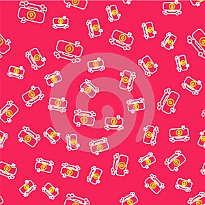 Line Fuel tanker truck icon isolated seamless pattern on red background. Gasoline tanker. Vector