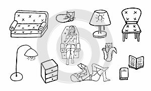 Line furniture icons set. home furniture, comfort. Girl in a chair, soft sofa, cats, bedside table, stool. Girl reads a