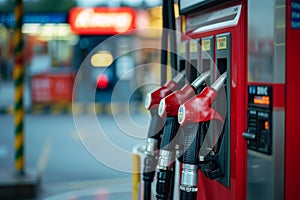 A line of gas pumps, painted in red and black, standing in perfect alignment, ready for fueling vehicles, Gas pump with escalating