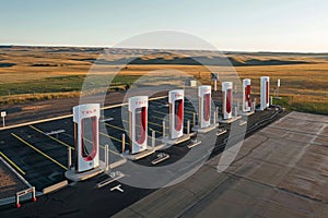 A line of gas pumps standing on a parking lot, ready for vehicles to fuel up, A drone view of multiple high-speed charging