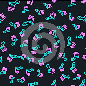 Line Give gift icon isolated seamless pattern on black background. Gift in hand. The concept of giving and receiving a