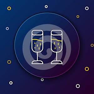 Line Glass of champagne icon isolated on blue background. Merry Christmas and Happy New Year. Colorful outline concept