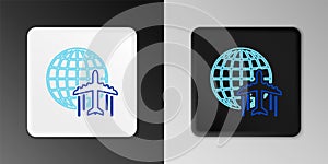 Line Globe with flying plane icon isolated on grey background. Airplane fly around the planet earth. Aircraft world icon