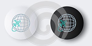 Line Globe with flying plane icon isolated on grey background. Airplane fly around the planet earth. Aircraft world icon