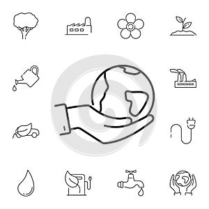 Line- Globe and hand icon. Simple element illustration. Line- Globe and hand symbol design from Ecology collection set. Can be use