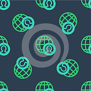 Line Globe and people icon isolated seamless pattern on blue background. Global business symbol. Social network icon