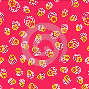 Line Globe and people icon isolated seamless pattern on red background. Global business symbol. Social network icon