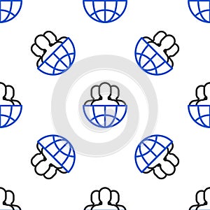 Line Globe and people icon isolated seamless pattern on white background. Global business symbol. Social network icon