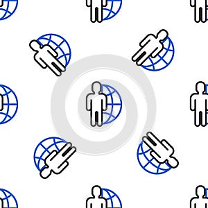 Line Globe and people icon isolated seamless pattern on white background. Global business symbol. Social network icon