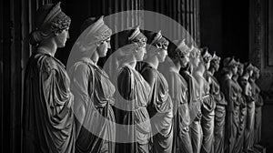 A line of goddesses stands poised and regal their backs to the camera as they make weighty decisions for the mortal