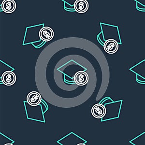 Line Graduation cap and coin icon isolated seamless pattern on black background. Education and money. Concept of
